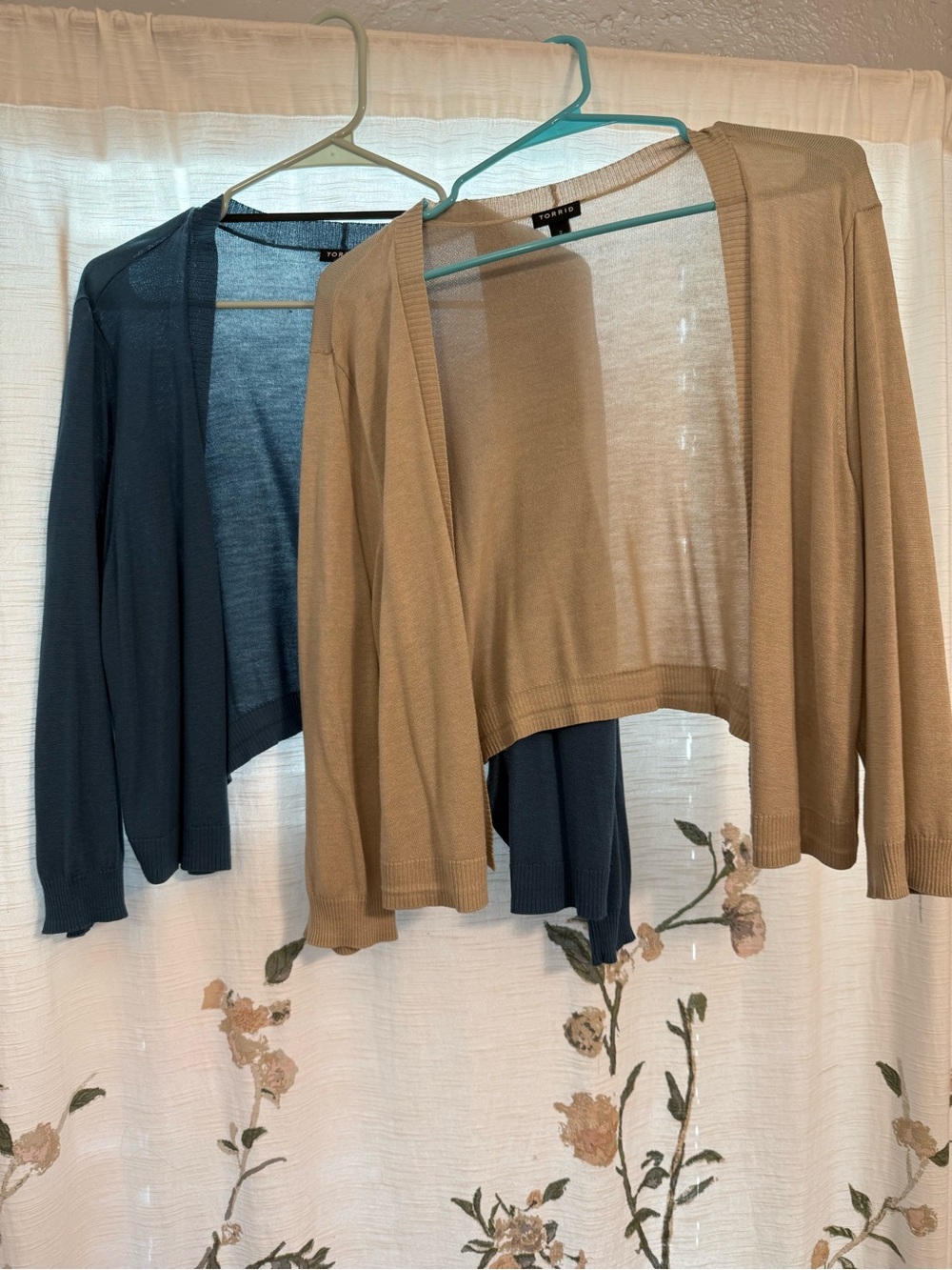 torrid Open-Front Cardigans in Tan and Dark Blue